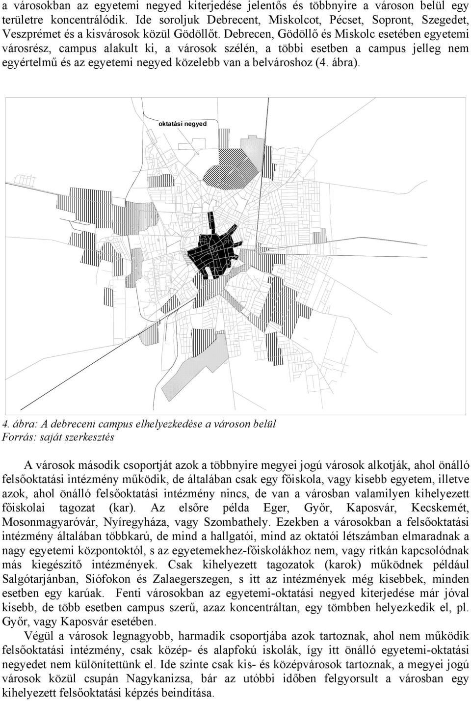 Debrecen, Gödöllő és Miskolc esetében egyetemi városrész, campus alakult ki, a városok szélén, a többi esetben a campus jelleg nem egyértelmű és az egyetemi negyed közelebb van a belvároshoz (4.