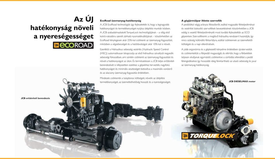 A JCB szabadalmaztatott TorqueLock technológiájának a világ első kotró-rakodóra szerelt zárható nyomatékváltójának köszönhetően az EcoRoad ténylegesen akár 25%-kal csökkenti az üzemanyag-fogyasztást,