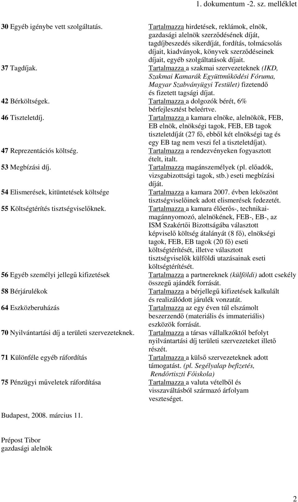 szolgáltatások díjait. 37 Tagdíjak. Tartalmazza a szakmai szervezeteknek (IKD, Szakmai Kamarák Együttmőködési Fóruma, Magyar Szabványügyi Testület) fizetendı és fizetett tagsági díjat.