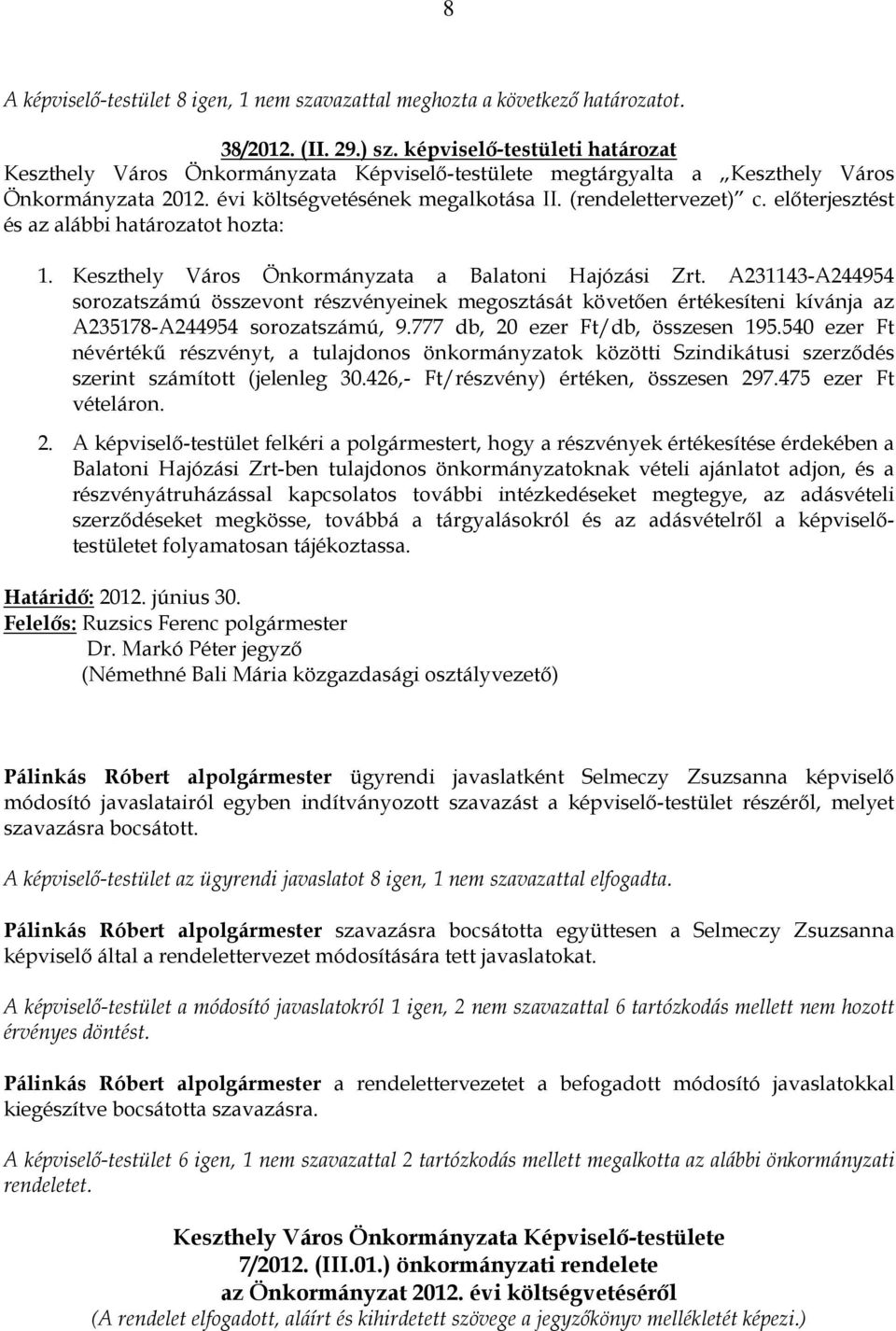 elıterjesztést és az alábbi határozatot hozta: 1. Keszthely Város Önkormányzata a Balatoni Hajózási Zrt.