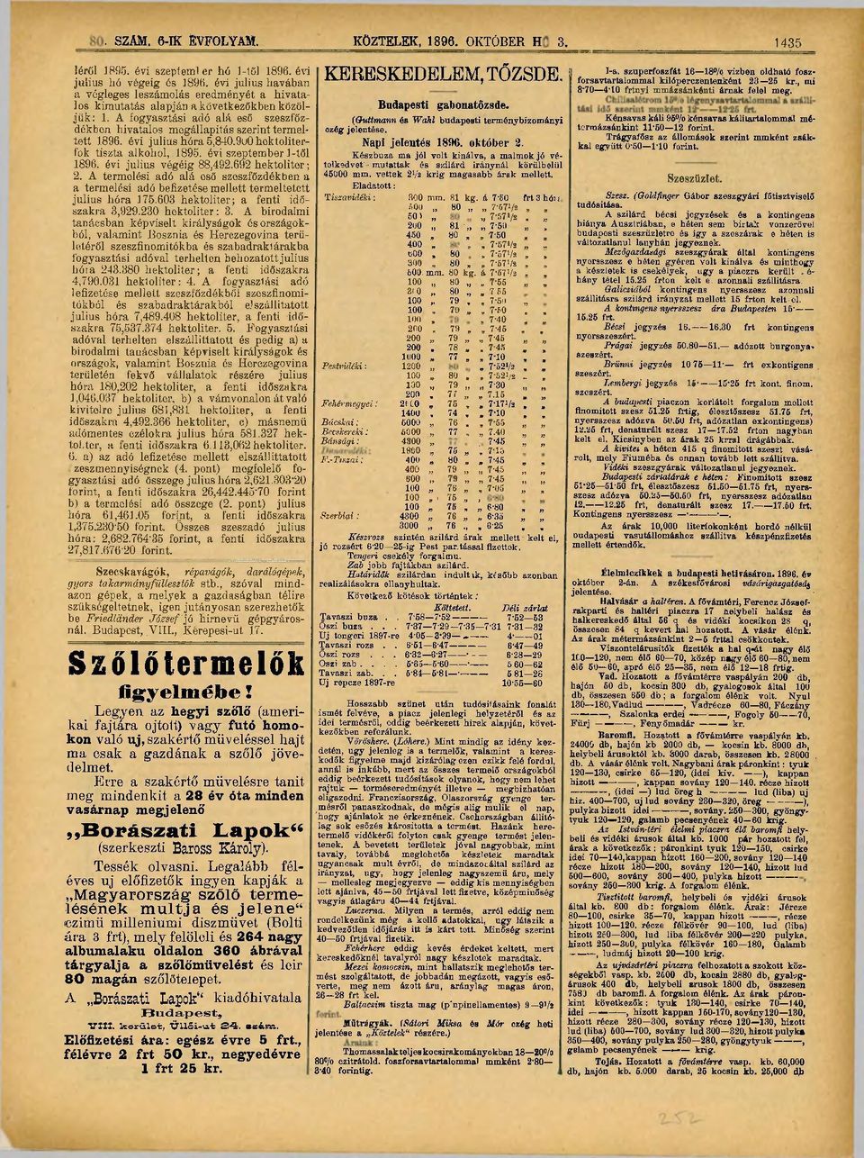 A fogyasztási adó alá eső szeszfőzdékben hivatalos megállapitás szerint termelteti 1896. évi julius hóra 5.840.9U0 hektoliterfok tiszta alkohol, 1895. évi szeptember 1-től 1896.