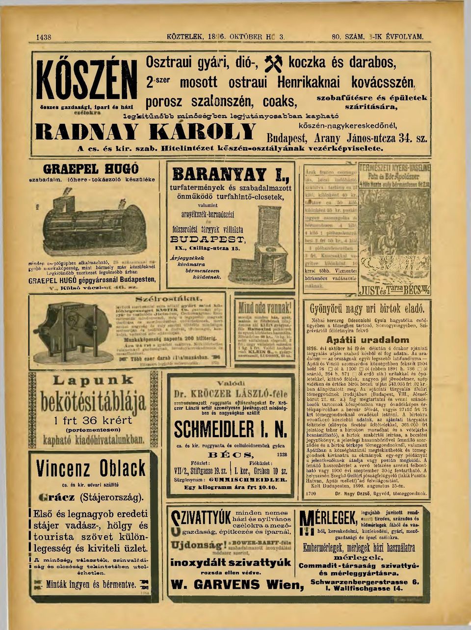 tájayoaa'b'basi R 4 D M Y K A R O L Y szobafűíésre és épületek lsaph.ató szárítására, kőszén-nagykereskedőnél, Budapest, Arany János-utcza 34, sz. A cs. és kir. szab.