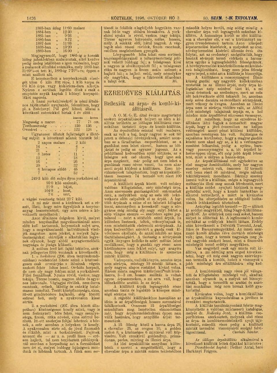 tett ki, 1889-ig 7'76%-ra; éppen e miatt szállott alá. E tenyészetben a tenyészkoczák eleségét télen 6 kiló főtt répa, 1 kiló korpa és 05 kiló árpa vagy. kukoricza-dara alkotja.