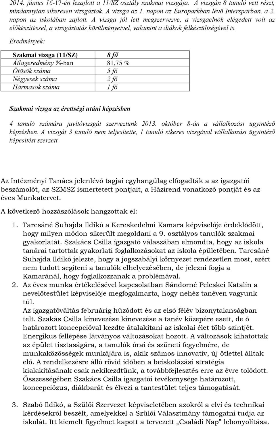 Eredmények: Szakmai vizsga (11/SZ) 8 fő Átlageredmény %-ban 81,75 % Ötösök száma 5 fő Négyesek száma 2 fő Hármasok száma 1 fő Szakmai vizsga az érettségi utáni képzésben 4 tanuló számára