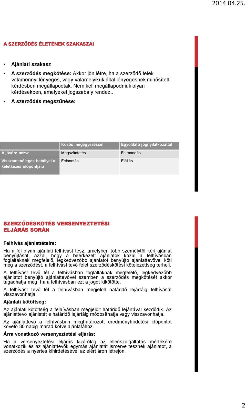 . A szerződés megszűnése: Közös megegyezéssel Egyoldalú jognyilatkozattal A jövőre nézve Megszüntetés Felmondás Visszamenőleges hatállyal a keletkezés időpontjára Felbontás Elállás SZERZŐDÉSKÖTÉS