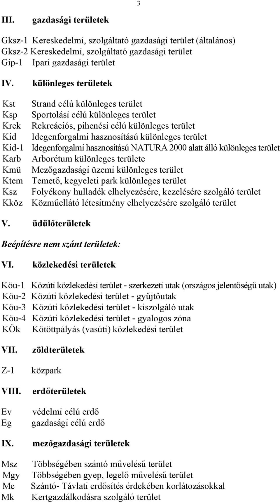 Kid-1 Idegenforgalmi hasznosítású NATURA 2000 alatt álló különleges terület Karb Arborétum különleges területe Kmü Mezőgazdasági üzemi különleges terület Ktem Temető, kegyeleti park különleges