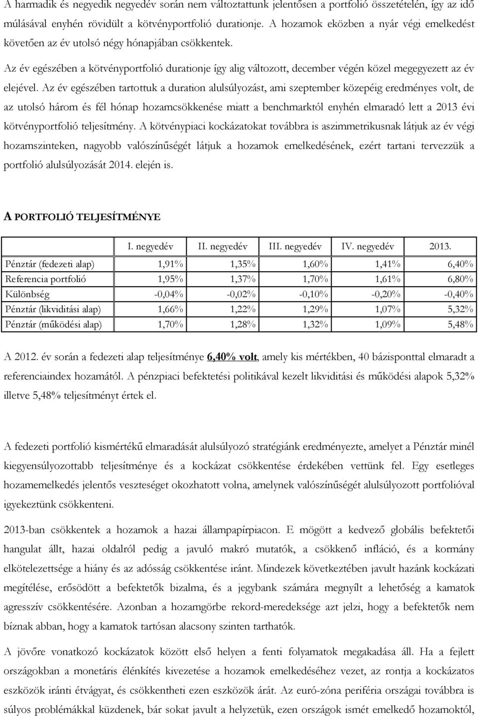 Az év egészében a kötvényportfolió durationje így alig változott, december végén közel megegyezett az év elejével.