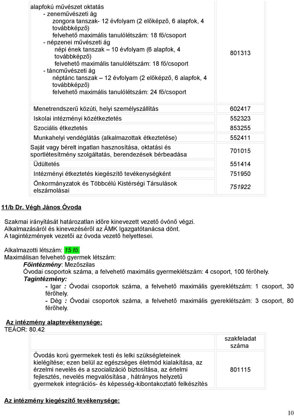 maximális tanulólétszám: 24 fő/csoport 801313 Menetrendszerű közúti, helyi személyszállítás 602417 Iskolai intézményi közétkeztetés 552323 Szociális étkeztetés 853255 Munkahelyi vendéglátás