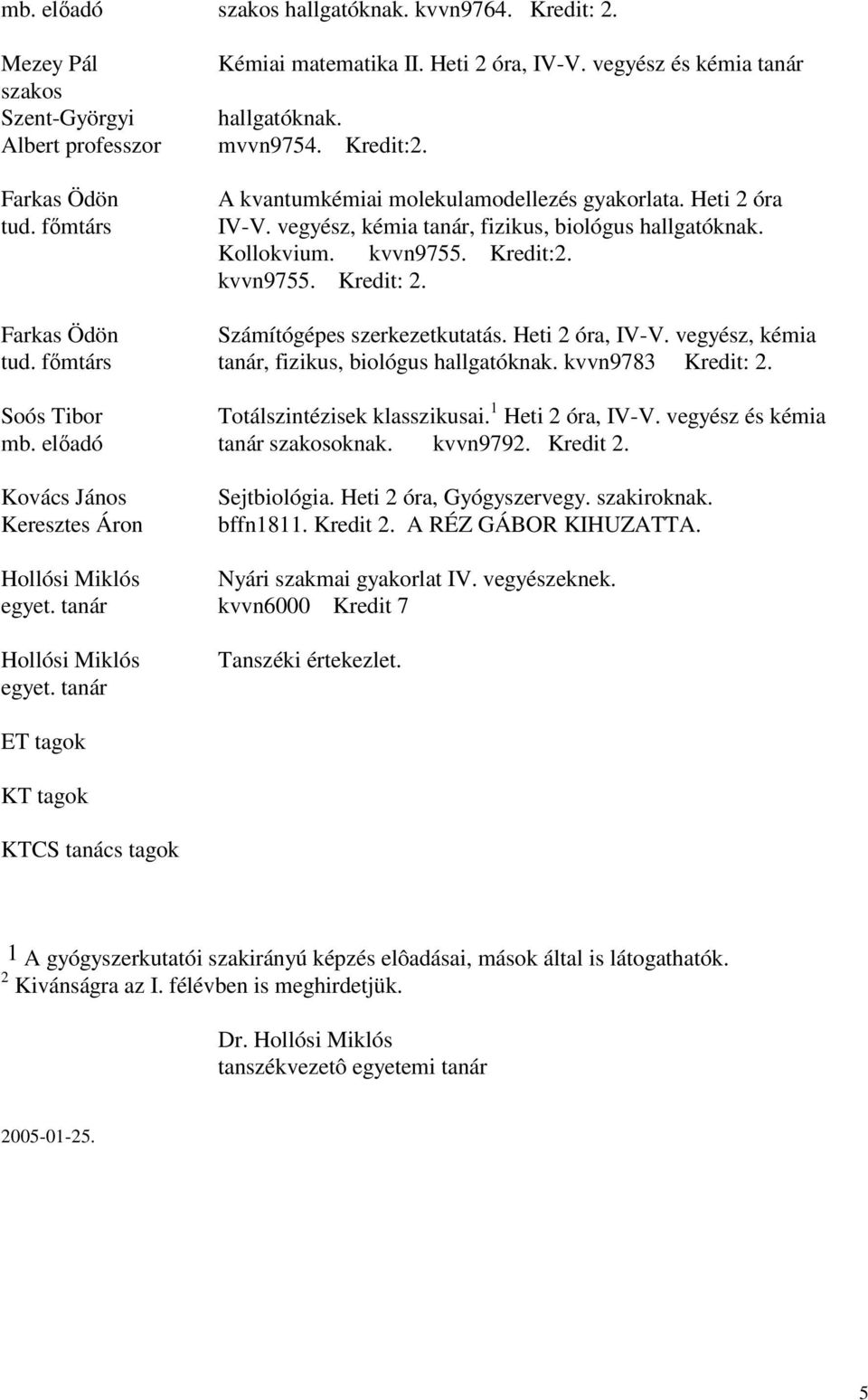 Farkas Ödön Számítógépes szerkezetkutatás. Heti 2 óra, IV-V. vegyész, kémia tud. fmtárs tanár, fizikus, biológus hallgatóknak. kvvn9783 Kredit: 2. Soós Tibor Totálszintézisek klasszikusai.