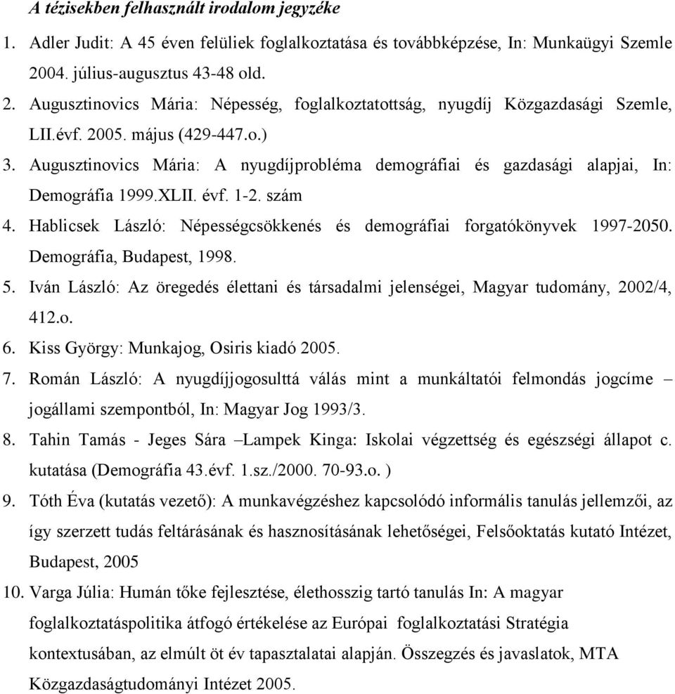 Augusztinovics Mária: A nyugdíjprobléma demográfiai és gazdasági alapjai, In: Demográfia 1999.XLII. évf. 1-2. szám 4. Hablicsek László: Népességcsökkenés és demográfiai forgatókönyvek 1997-2050.