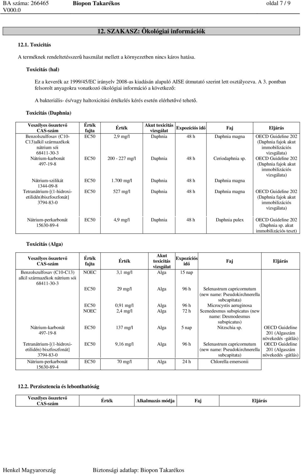 pontban felsorolt anyagokra vonatkozó ökológiai információ a következő: A bakteriális- és/vagy haltoxicitási értékelés kérés esetén elérhetővé tehető.