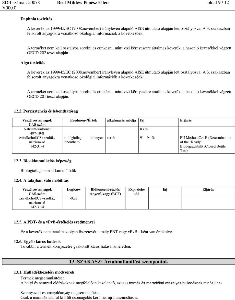 OECD 202 teszt alapján. Alga toxicitás A keverék az 1999/45/EC (2008.november) irányleven alapuló AISE útmutató alapján lett osztályozva. A 3.  OECD 201 teszt alapján. 12.2. Perzisztencia és lebonthatóság zsíralkohol(c8)-szulfát, nátrium só Eredmény/Érték alkalmazás módja biológiailag lebontható könnyen 83 % aerob 91-94 % EU Method C.