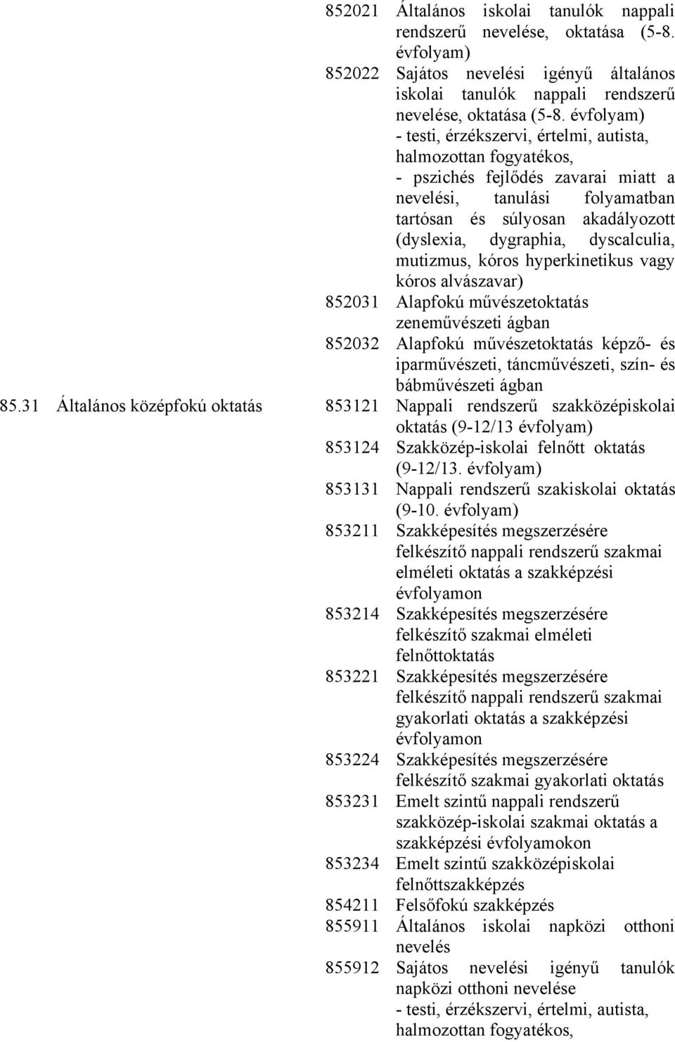 bábművészeti ágban 85.31 Általános középfokú oktatás 853121 Nappali rendszerű szakközépiskolai oktatás (9-12/13 évfolyam) 853124 Szakközép-iskolai felnőtt oktatás (9-12/13.