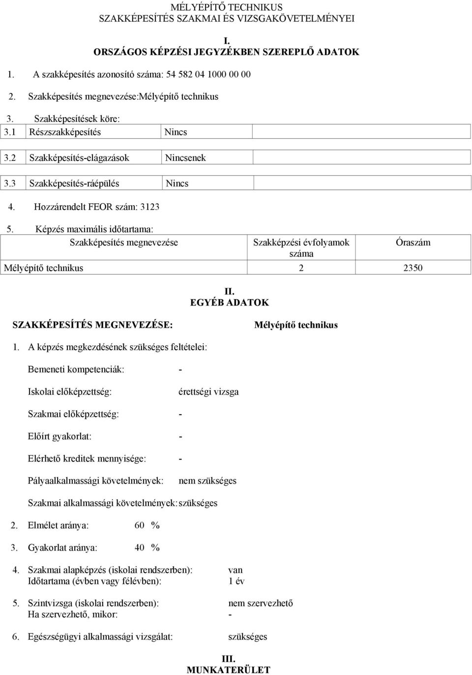 Hozzárendelt FEOR szám: 3123 5. Képzés maximális időtartama: Szakképesítés megnevezése Szakképzési évfolyamok száma Óraszám Mélyépítő technikus 2 2350 II.