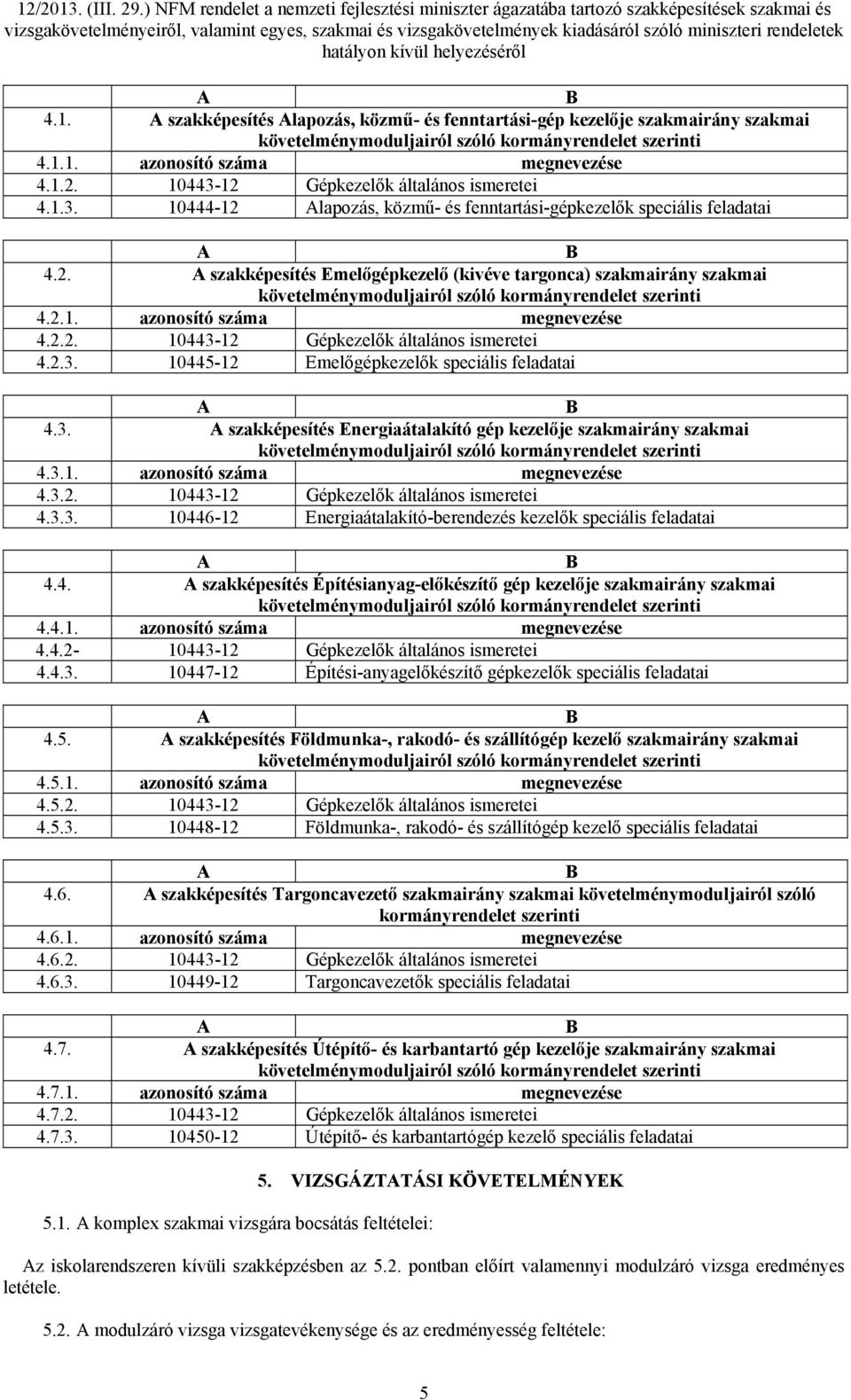 2.1. azonosító száma megnevezése 4.2.2. 10443-12 Gépkezelők általános ismeretei 4.2.3. 10445-12 Emelőgépkezelők speciális feladatai A B 4.3. A szakképesítés Energiaátalakító gép kezelője szakmairány szakmai követelménymoduljairól szóló kormányrendelet szerinti 4.