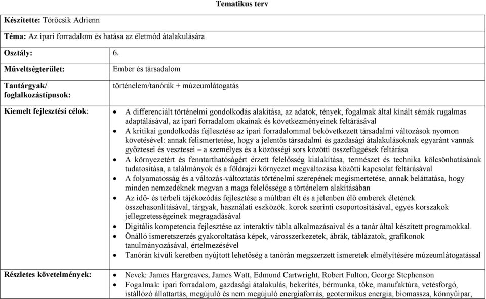 tények, fogalmak által kínált sémák rugalmas adaptálásával, az ipari forradalom okainak és következményeinek feltárásával A kritikai gondolkodás fejlesztése az ipari forradalommal bekövetkezett