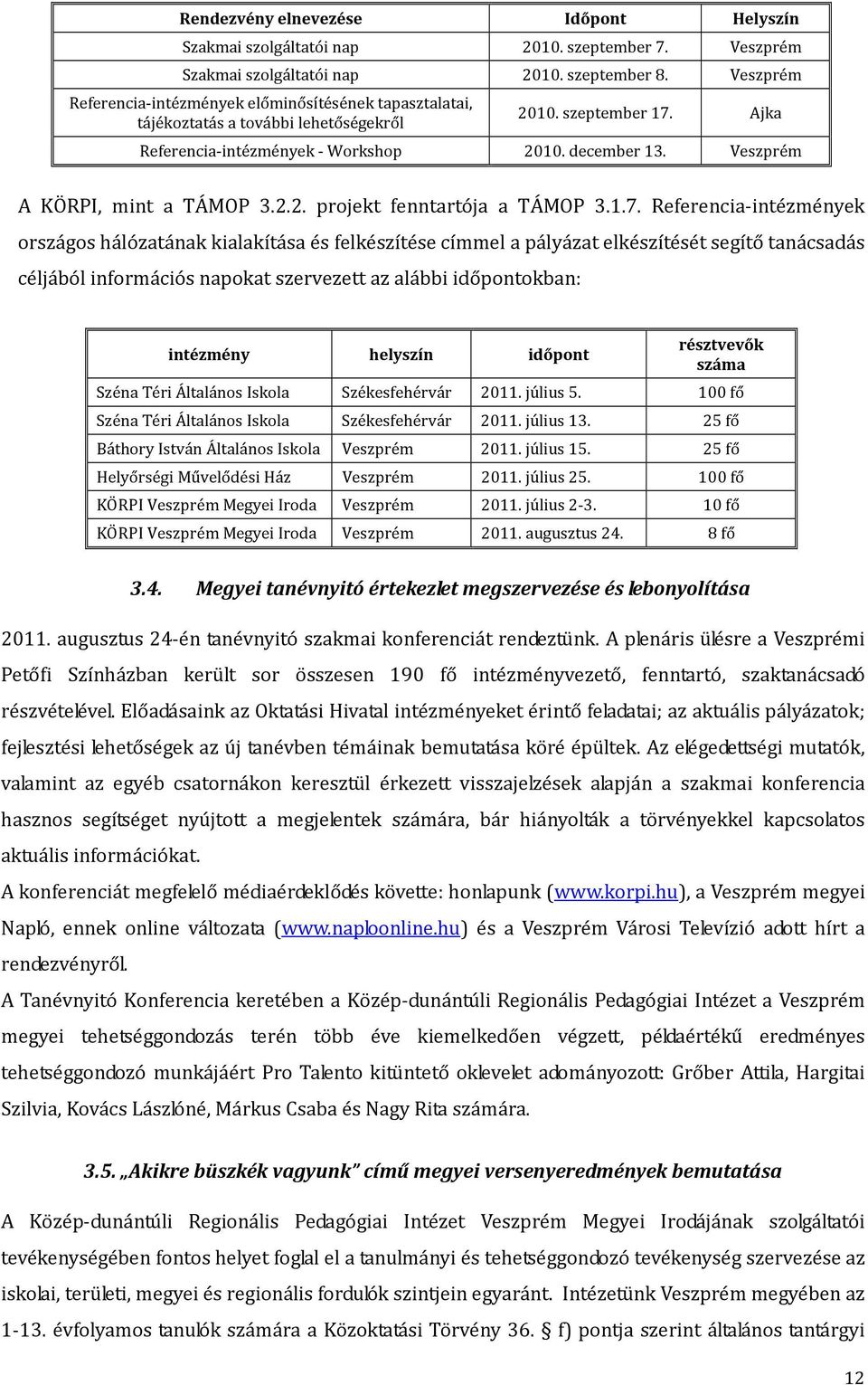 Veszprém A KÖRPI, mint a TÁMOP 3.2.2. projekt fenntartója a TÁMOP 3.1.7.