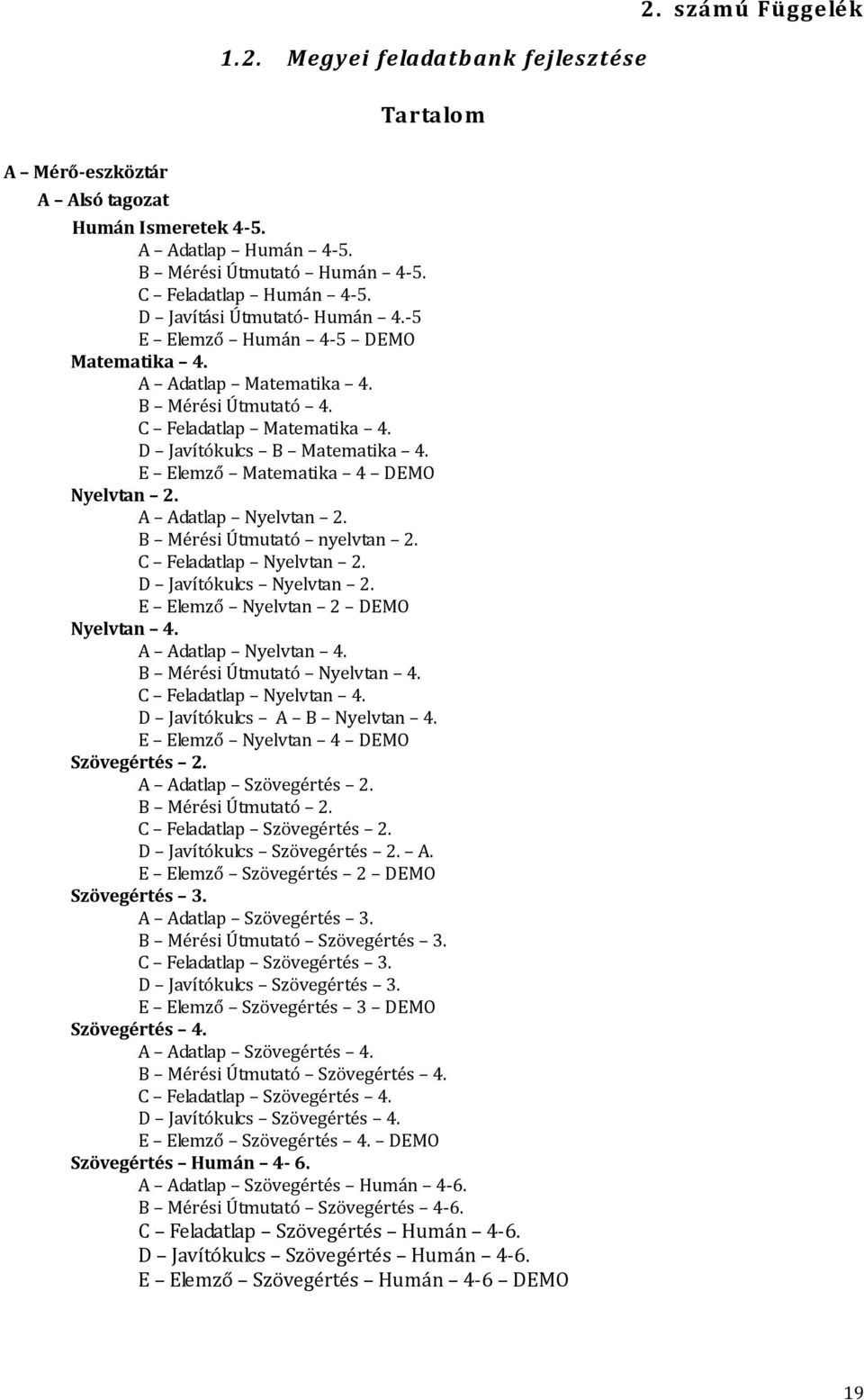 E Elemző Matematika 4 DEMO Nyelvtan 2. A Adatlap Nyelvtan 2. B Mérési Útmutató nyelvtan 2. C Feladatlap Nyelvtan 2. D Javítókulcs Nyelvtan 2. E Elemző Nyelvtan 2 DEMO Nyelvtan 4. A Adatlap Nyelvtan 4.