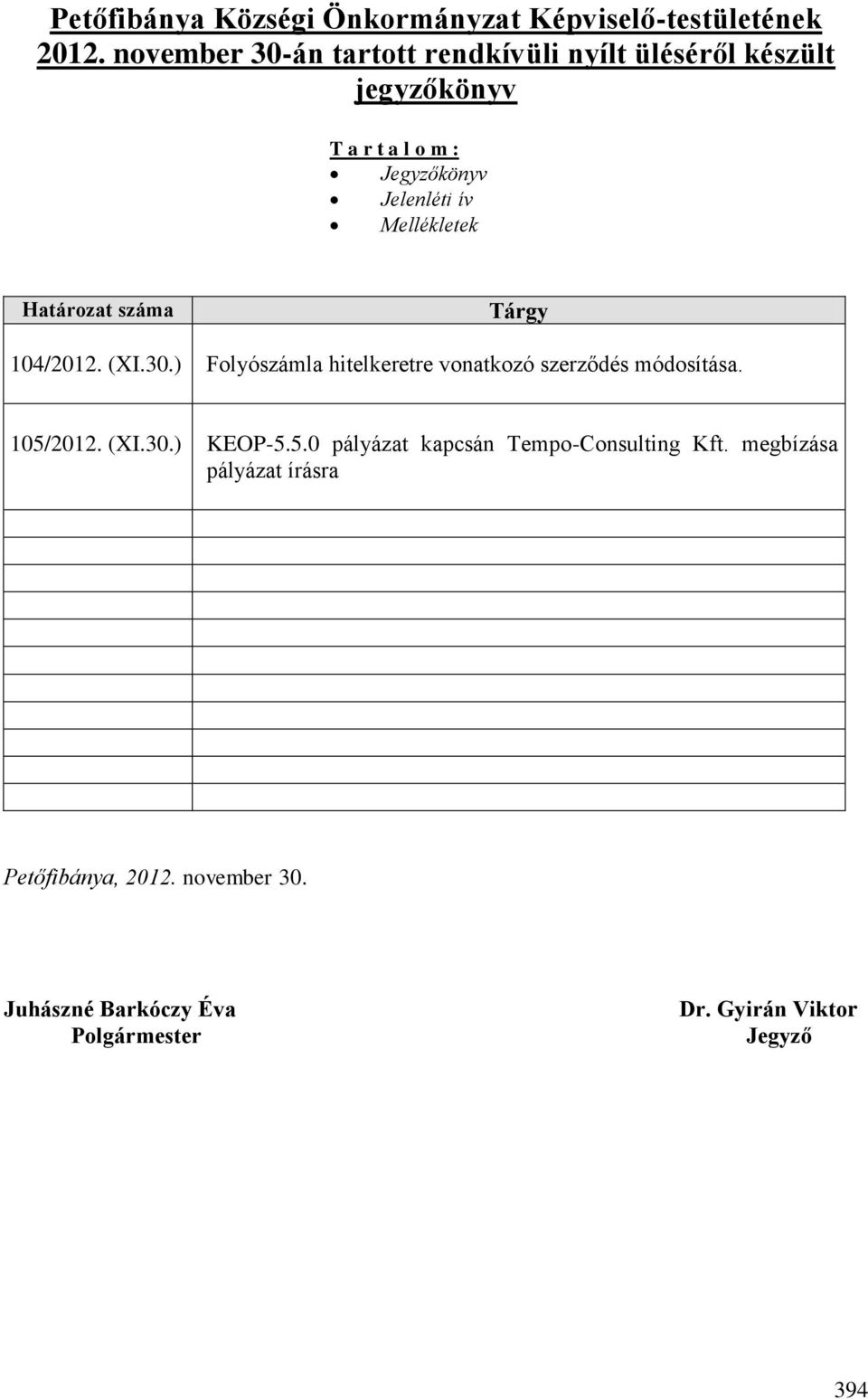 Mellékletek Határozat száma Tárgy 104/2012. (XI.30.) Folyószámla hitelkeretre vonatkozó szerződés módosítása. 105/2012.