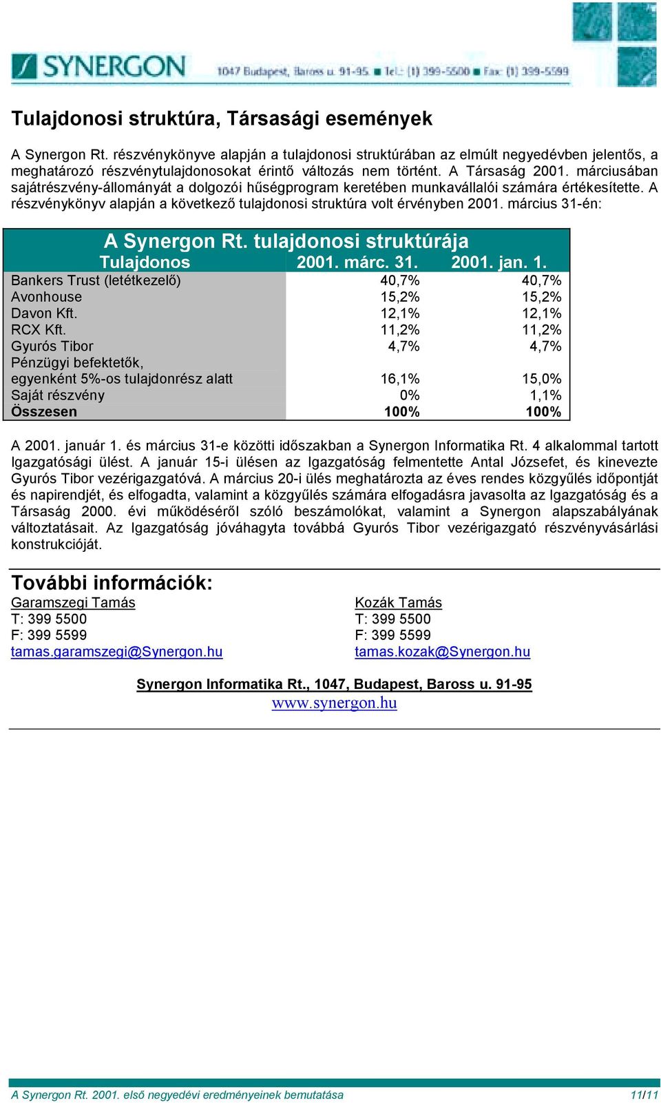 márciusában sajátrészvény-állományát a dolgozói hűségprogram keretében munkavállalói számára értékesítette. A részvénykönyv alapján a következő tulajdonosi struktúra volt érvényben 2001.