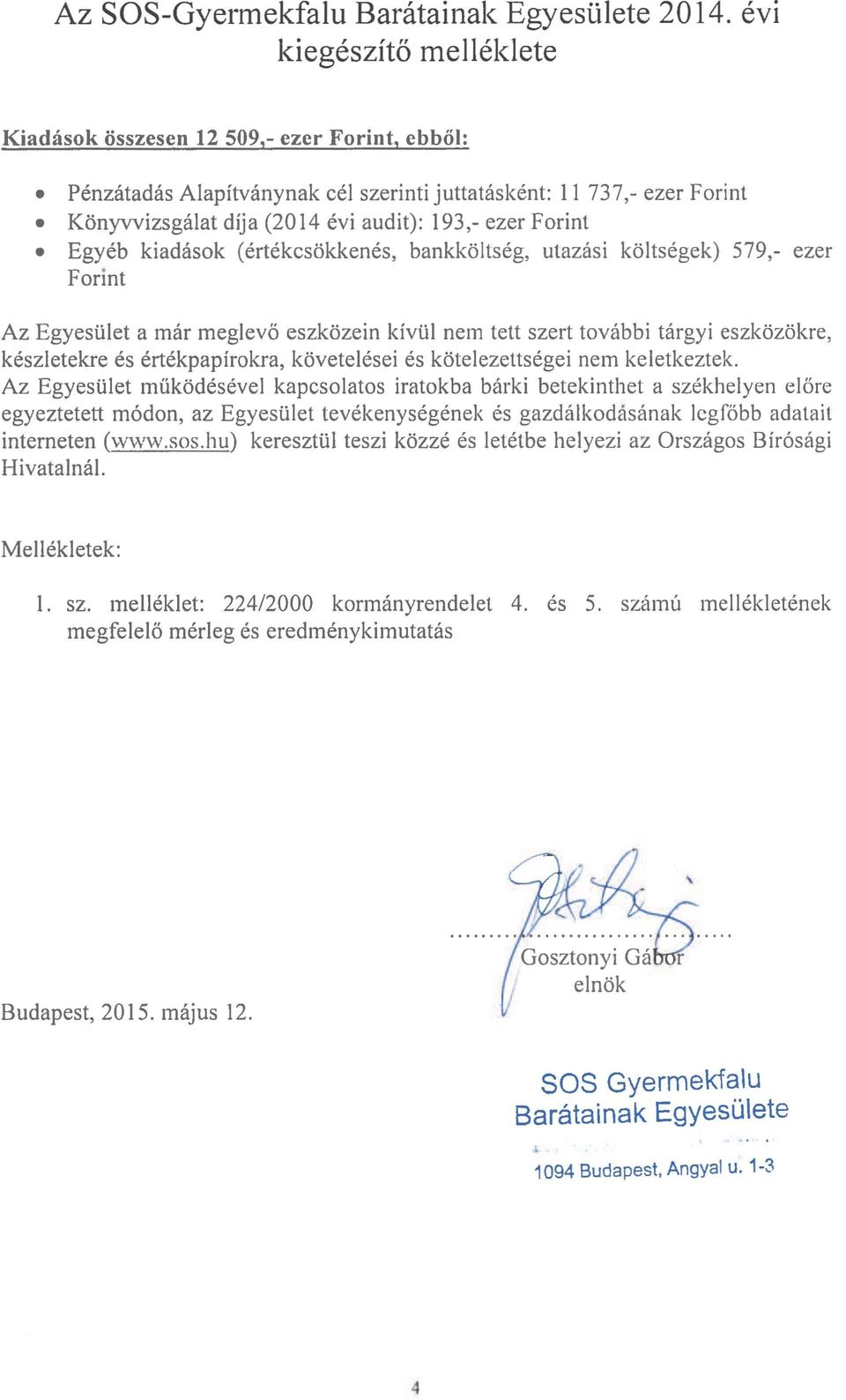 Forint Egyéb kiadások (értékcsökkenés, bankköltség, utazási költségek) 579,- ezer Forint Az Egyesület a már meglevő eszközein kívül nem tett szert további tárgyi eszközökre, készletekre és