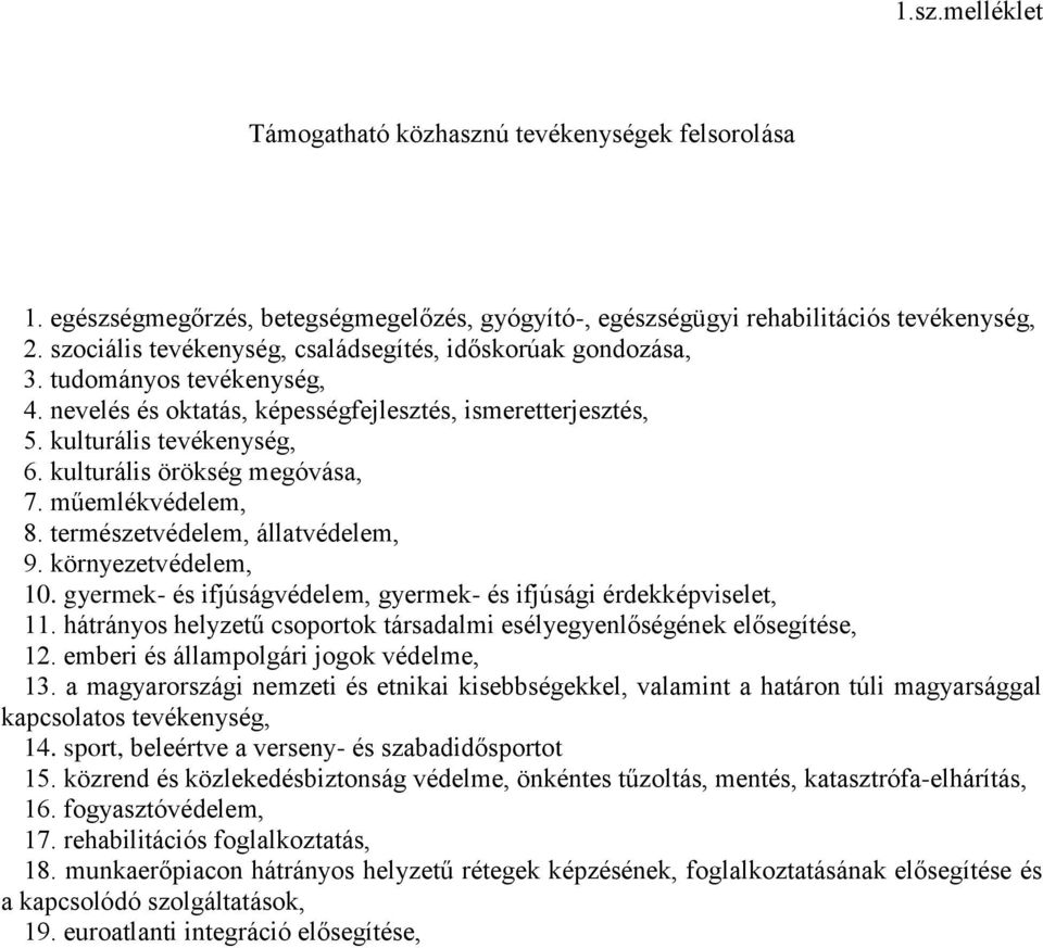 kulturális örökség megóvása, 7. műemlékvédelem, 8. természetvédelem, állatvédelem, 9. környezetvédelem, 10. gyermek- és ifjúságvédelem, gyermek- és ifjúsági érdekképviselet, 11.