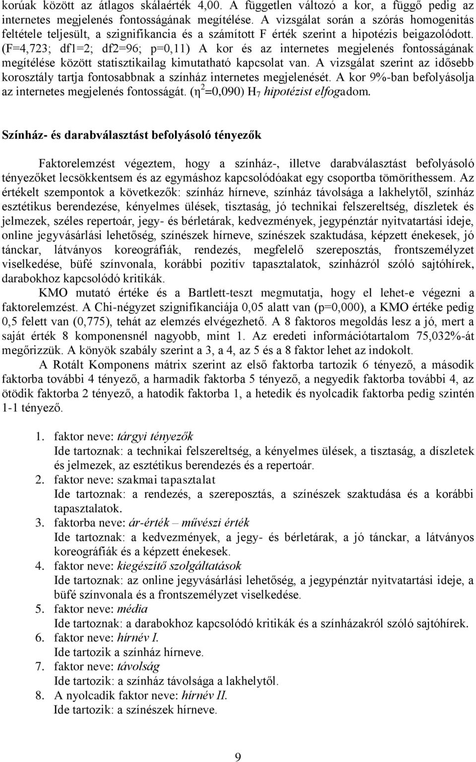 (F=4,723; df1=2; df2=96; p=0,11) A kor és az internetes megjelenés fontosságának megítélése között statisztikailag kimutatható kapcsolat van.