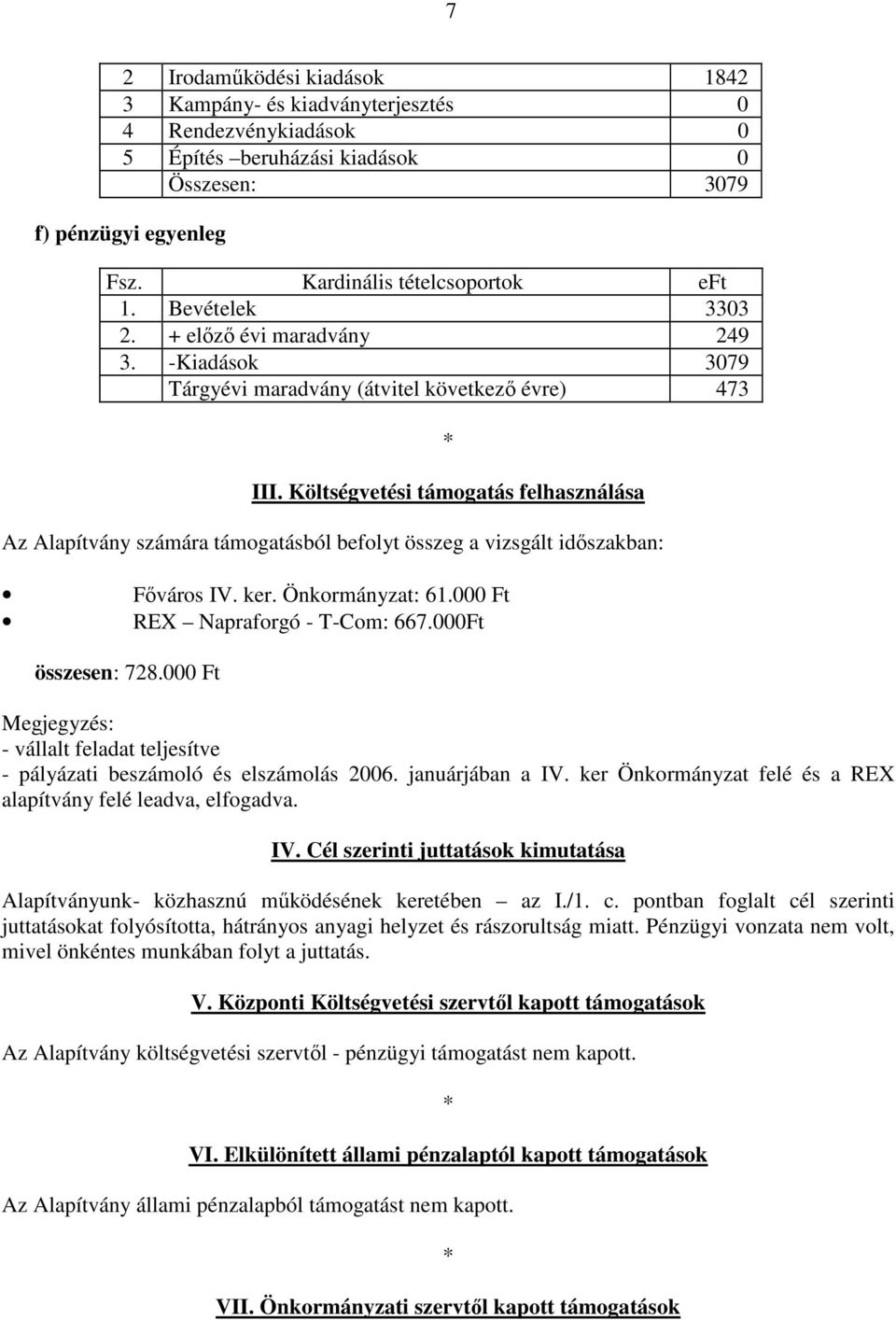 Költségvetési támogatás felhasználása Az Alapítvány számára támogatásból befolyt összeg a vizsgált időszakban: Főváros IV. ker. Önkormányzat: 61.000 Ft REX Napraforgó - T-Com: 667.000Ft összesen: 728.