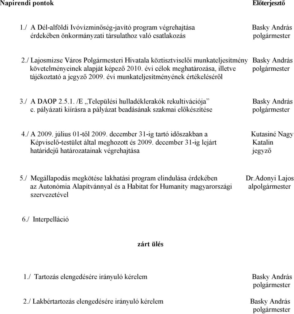 évi munkateljesítményének értékeléséről 3./ A DAOP 2.5.1. /E Települési hulladéklerakók rekultivációja Basky András c. pályázati kiírásra a pályázat beadásának szakmai előkészítése polgármester 4.