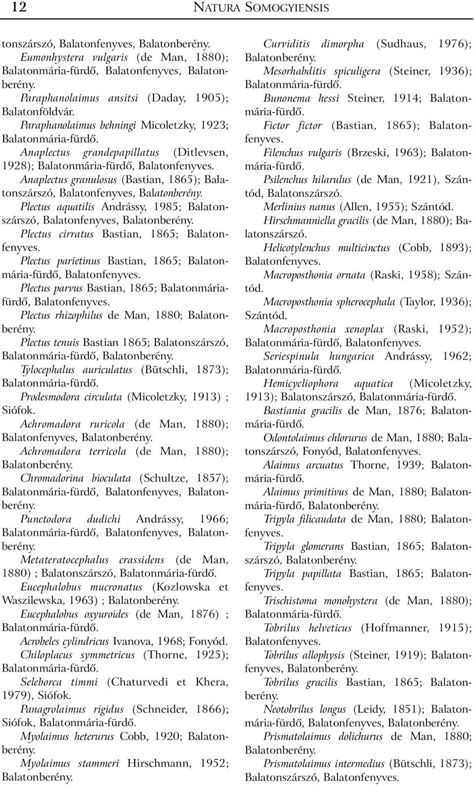 Andrássy, 1985; Balatonszárszó, Balatonfenyves, Plectus cirratus Bastian, 1865; Plectus parietinus Bastian, 1865; Balatonmária-fürdõ, Plectus parvus Bastian, 1865; Balatonmáriafürdõ, Plectus