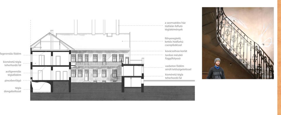 téglafödém pincebevilágó kovácsoltvas korlát tardosi mészkő függőfolyosó