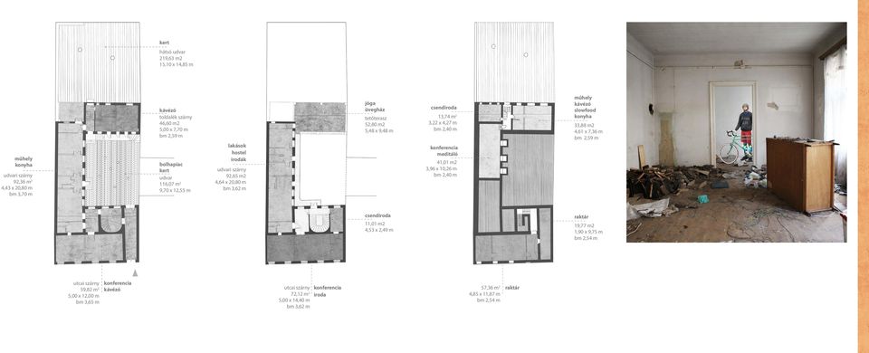 2,40 m konferencia meditáló 41,01 m2 3,96 x 10,26 m bm 2,40 m műhely kávézó slowfood konyha 33,88 m2 4,61 x 7,36 m bm 2,59 m csendiroda 11,01 m2 4,53 x 2,49 m raktár 19,77 m2 1,90 x