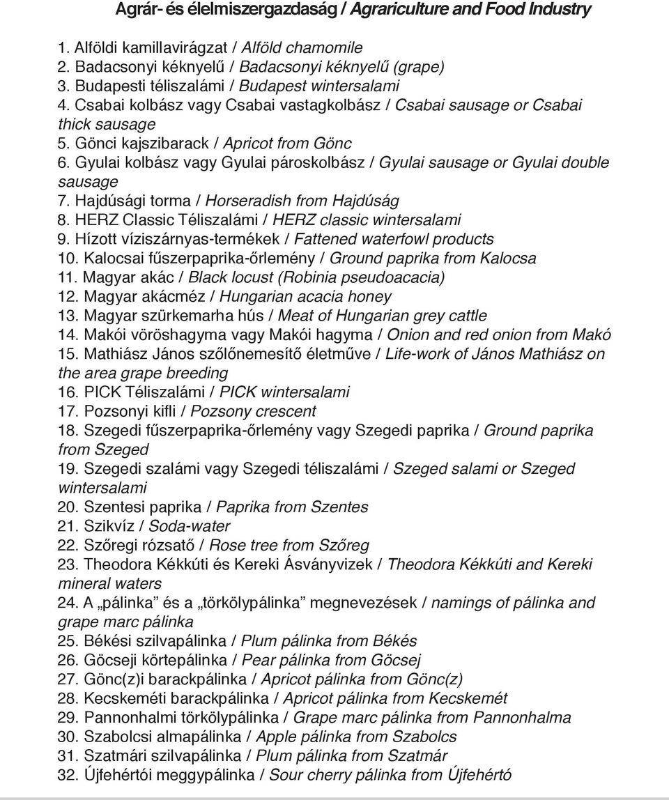 Gyulai kolbász vagy Gyulai pároskolbász / Gyulai sausage or Gyulai double sausage 7. Hajdúsági torma / Horseradish from Hajdúság 8. HERZ Classic Téliszalámi / HERZ classic wintersalami 9.
