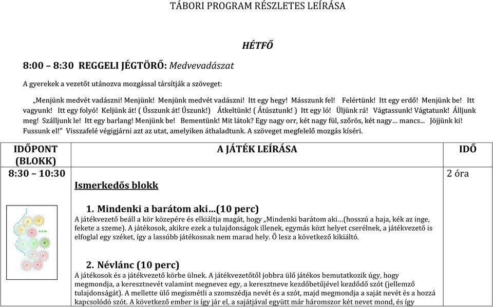 Szálljunk le! Itt egy barlang! Menjünk be! Bementünk! Mit látok? Egy nagy orr, két nagy fül, szőrös, két nagy mancs... Jöjjünk ki! Fussunk el! Visszafelé végigjárni azt az utat, amelyiken áthaladtunk.