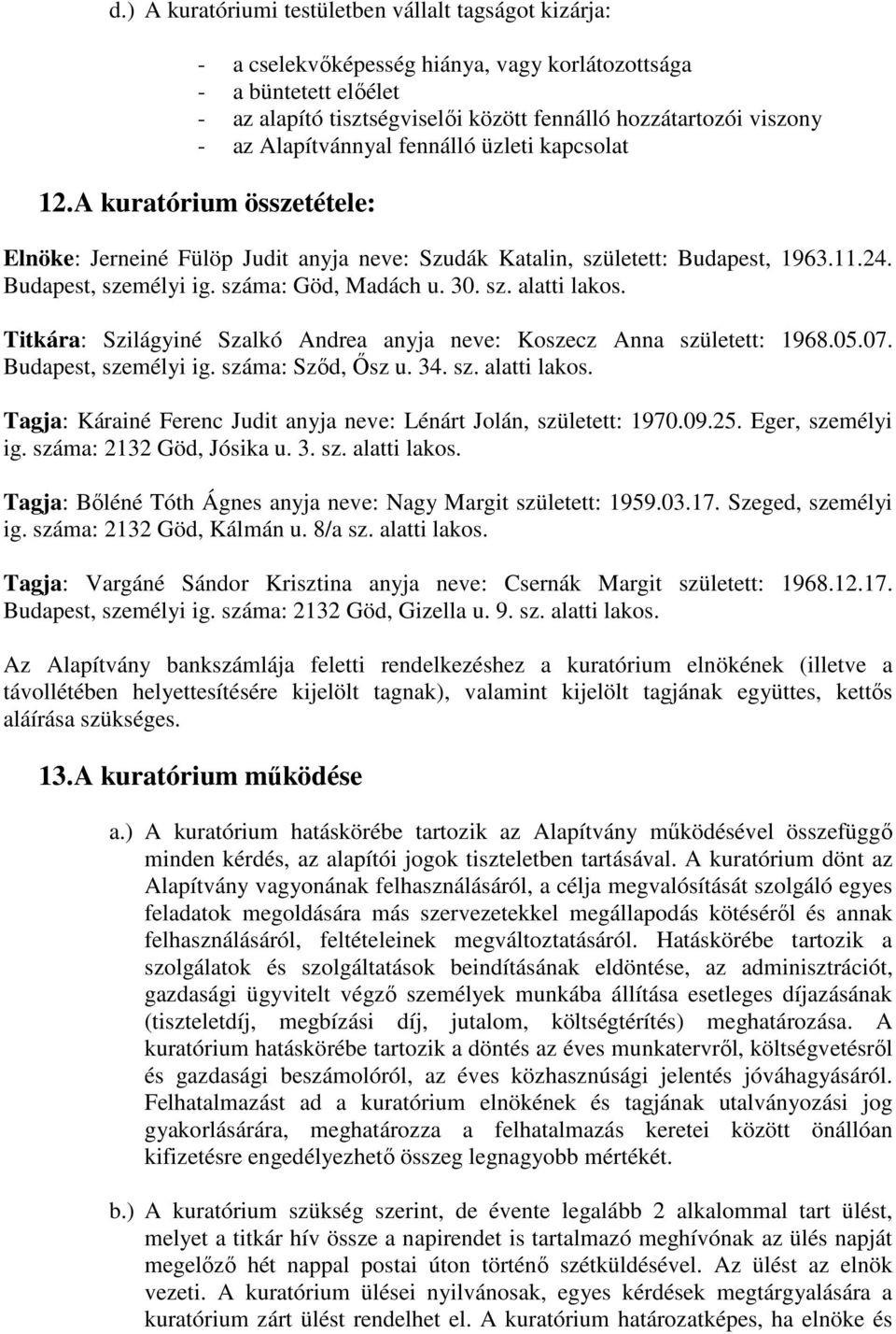 száma: Göd, Madách u. 30. sz. alatti lakos. Titkára: Szilágyiné Szalkó Andrea anyja neve: Koszecz Anna született: 1968.05.07. Budapest, személyi ig. száma: Sződ, Ősz u. 34. sz. alatti lakos. Tagja: Kárainé Ferenc Judit anyja neve: Lénárt Jolán, született: 1970.