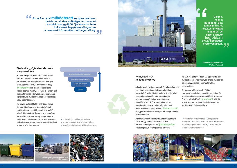 S.A., Ausztria) Szelektív gyűjtési rendszerek megvalósítása Megelőzés A hulladéktípusok különválasztása fontos része a hulladékkezelés folyamatának, és teljesen összhangban van az Európai Unió