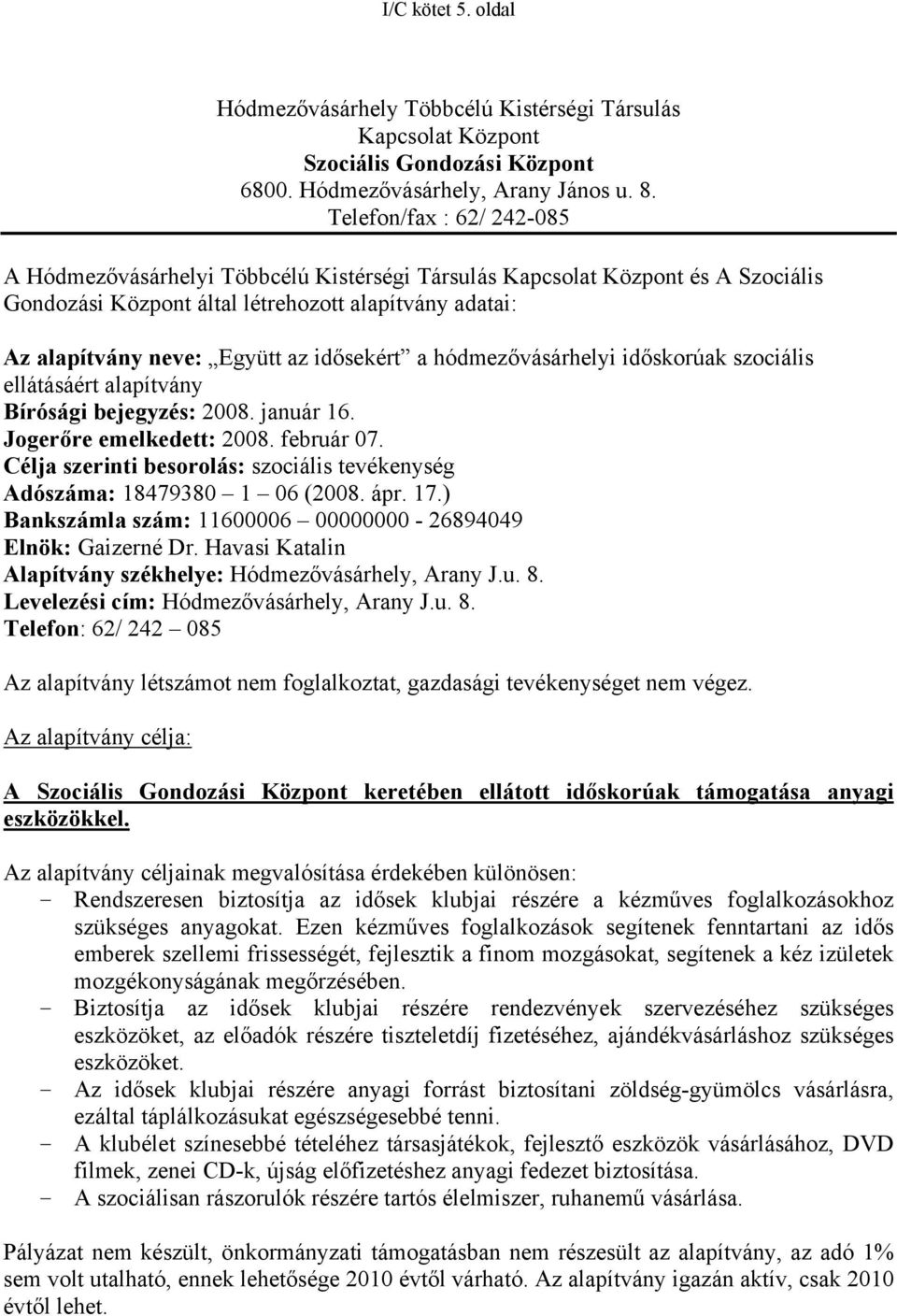 idősekért a hódmezővásárhelyi időskorúak szociális ellátásáért alapítvány Bírósági bejegyzés: 2008. január 16. Jogerőre emelkedett: 2008. február 07.