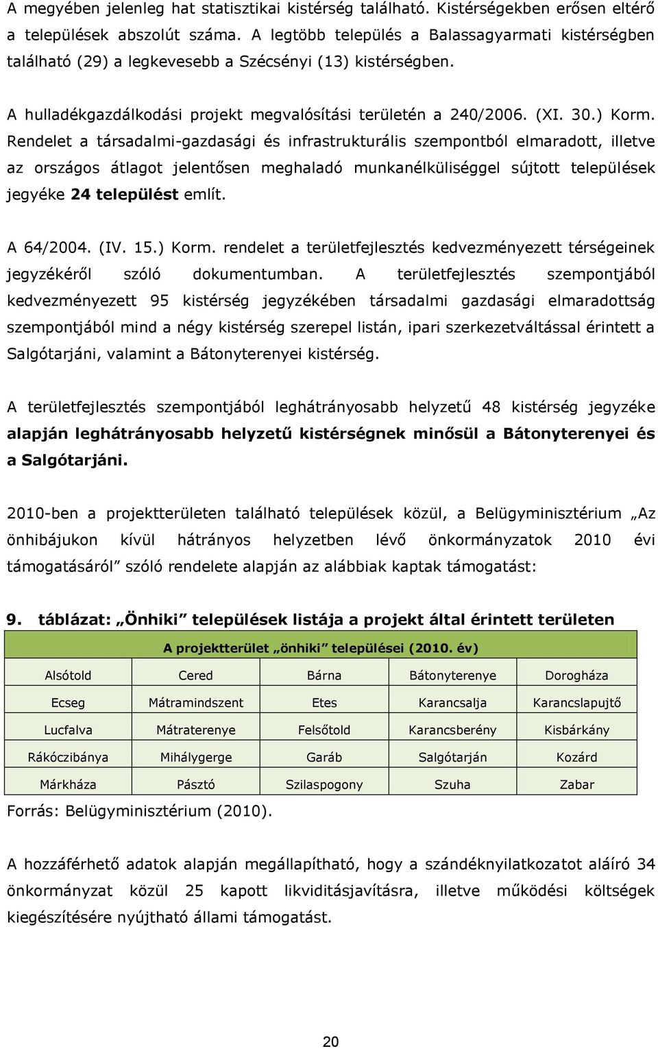 Rendelet a társadalmi-gazdasági és infrastrukturális szempontból elmaradott, illetve az országos átlagot jelentősen meghaladó munkanélküliséggel sújtott települések jegyéke 24 települést említ.