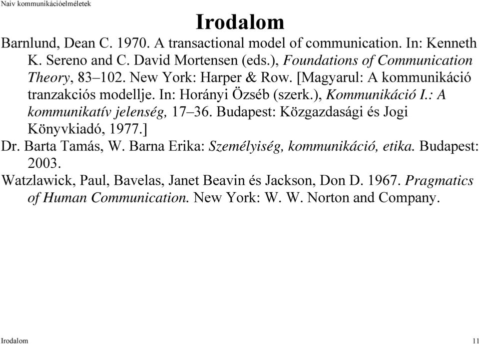 ), Kommunikáció I.: A kommunikatív jelenség, 17 36. Budapest: Közgazdasági és Jogi Könyvkiadó, 1977.] Dr. Barta Tamás, W.
