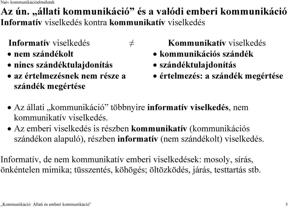 szándék nincs szándéktulajdonítás szándéktulajdonítás az értelmezésnek nem része a értelmezés: a szándék megértése szándék megértése Az állati kommunikáció többnyire informatív