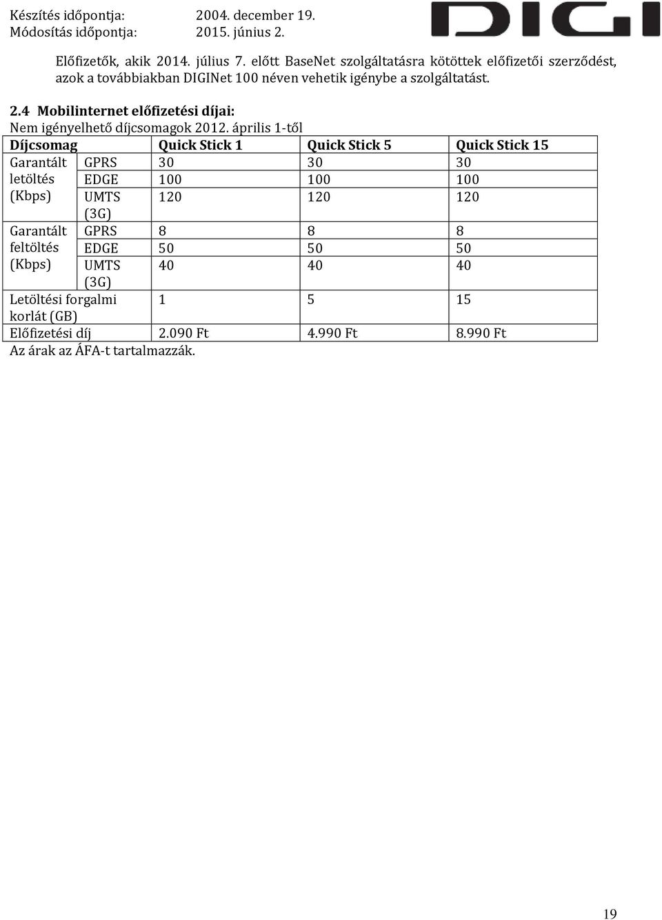 4 Mobilinternet előfizetési díjai: Nem igényelhető díjcsomagok 2012.