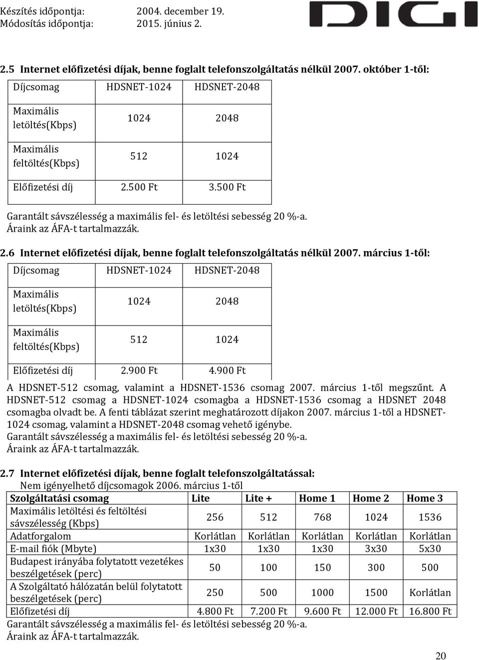 500 Ft Garantált sávszélesség a maximális fel- és letöltési sebesség 20 %-a. Áraink az ÁFA-t tartalmazzák. 2.6 Internet előfizetési díjak, benne foglalt telefonszolgáltatás nélkül 2007.