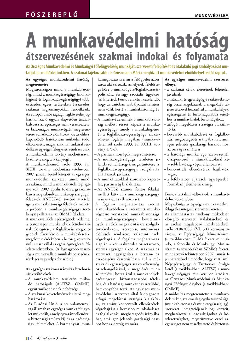 Az egységes munkavédelmi hatóság megteremtése Magyarországon mind a munkabiztonság, mind a munkaegészségügy (munkahigiéné és foglalkozás-egészségügy) több évtizedes, egyes területeken évszázados