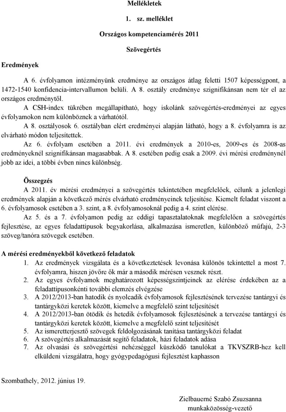 A CSH-index tükrében megállapítható, hogy iskolánk szövegértés-eredményei az egyes évfolyamokon nem különböznek a várhatótól. A 8. osztályosok 6. osztályban elért eredményei alapján látható, hogy a 8.