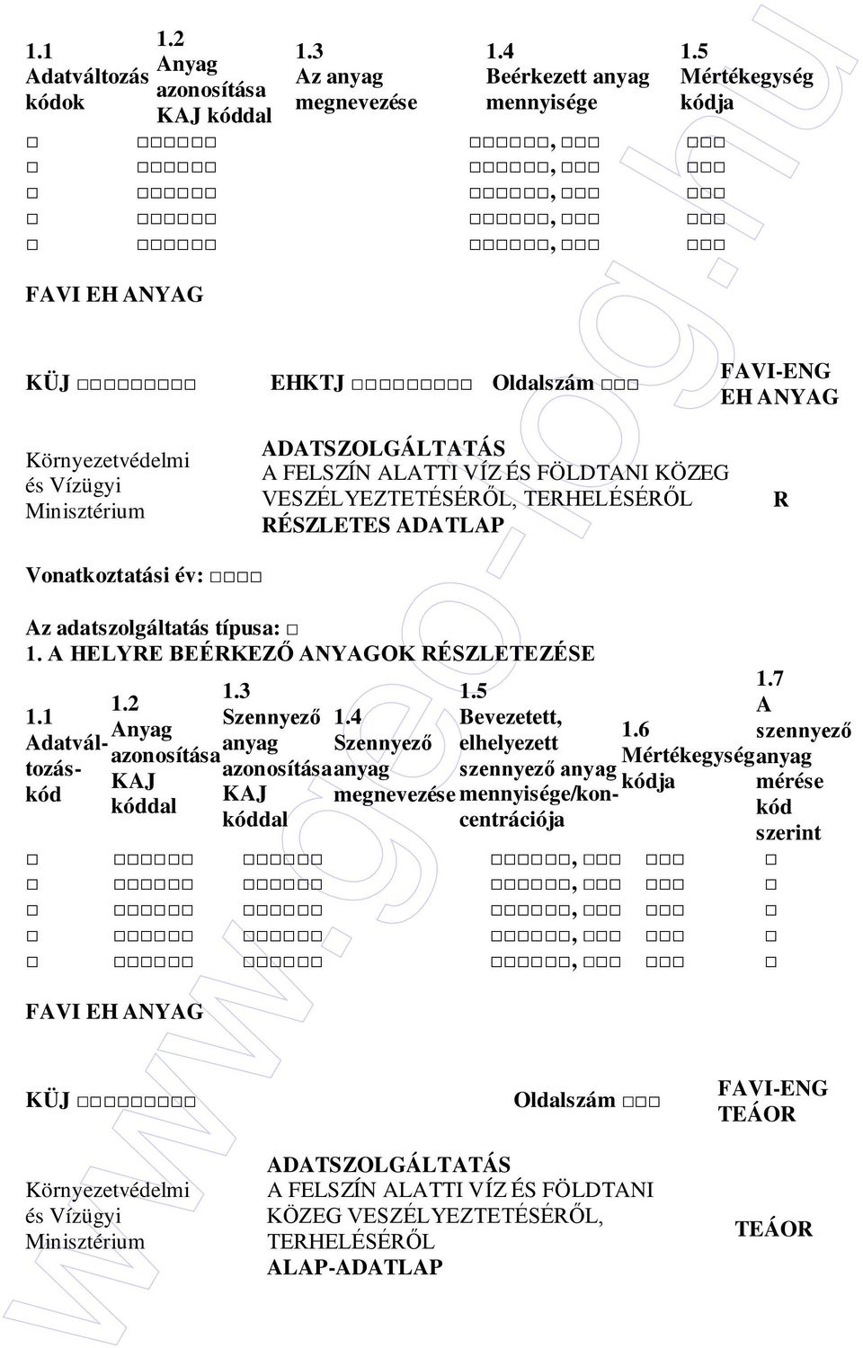 ADATLAP R Vonatkoztatási év: Az adatszolgáltatás típusa: 1. A HELYRE BEÉRKEZİ ANYAGOK RÉSZLETEZÉSE 1.1 Adatváltozáskód 1.2 Anyag azonosítása KAJ kóddal 1.3 Szennyezı anyag azonosítása KAJ kóddal 1.