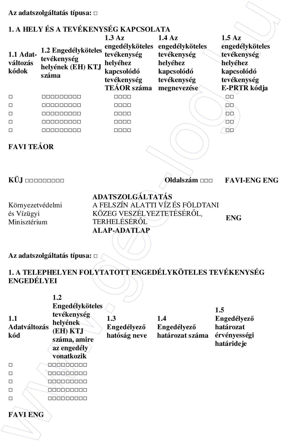 5 Az engedélyköteles tevékenység helyéhez kapcsolódó tevékenység E-PRTR kódja KÜJ Oldalszám ENG ENG Környezetvédelmi és Vízügyi Minisztérium ADATSZOLGÁLTATÁS A FELSZÍN ALATTI VÍZ ÉS FÖLDTANI KÖZEG