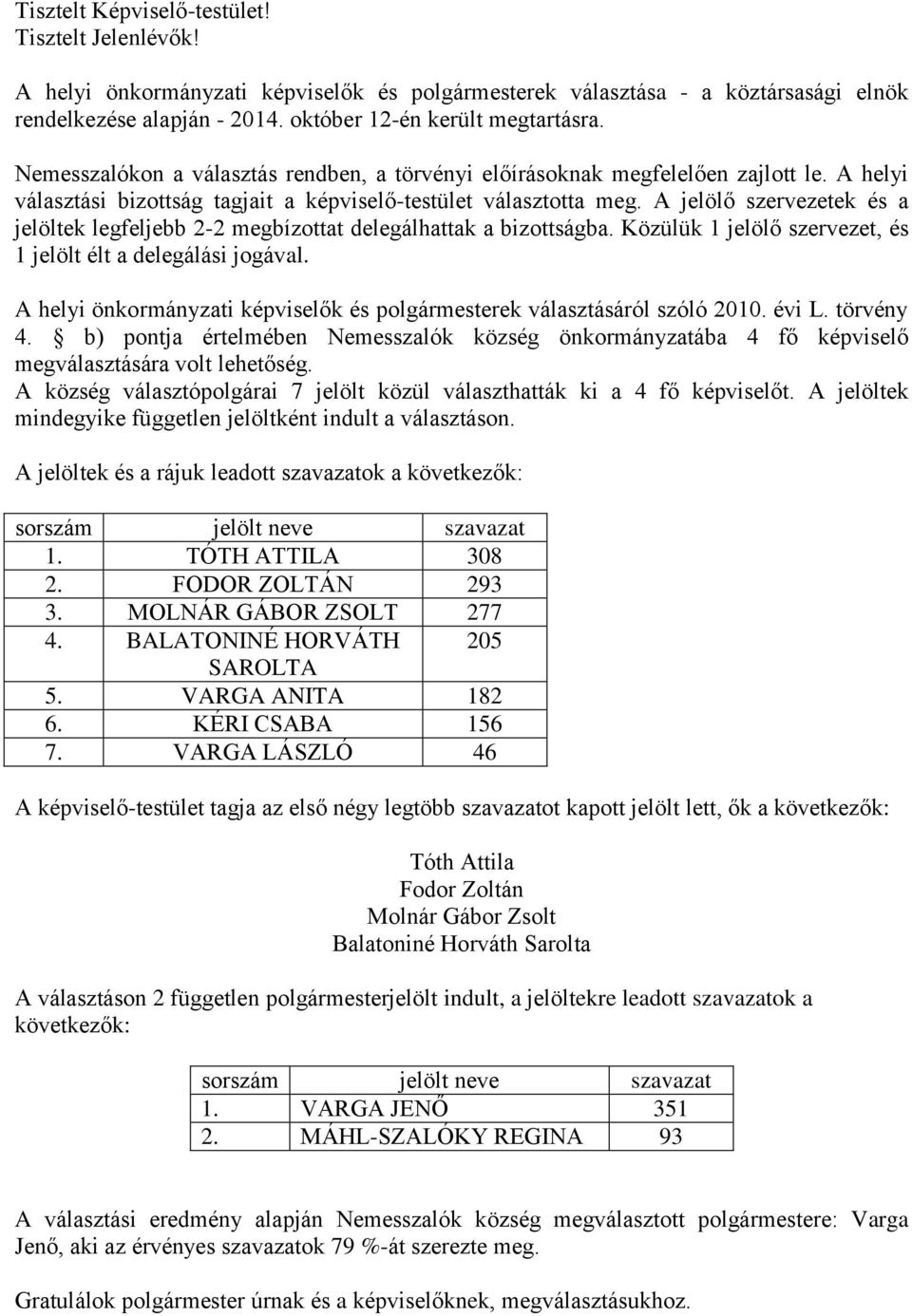 A jelölő szervezetek és a jelöltek legfeljebb 2-2 megbízottat delegálhattak a bizottságba. Közülük 1 jelölő szervezet, és 1 jelölt élt a delegálási jogával.