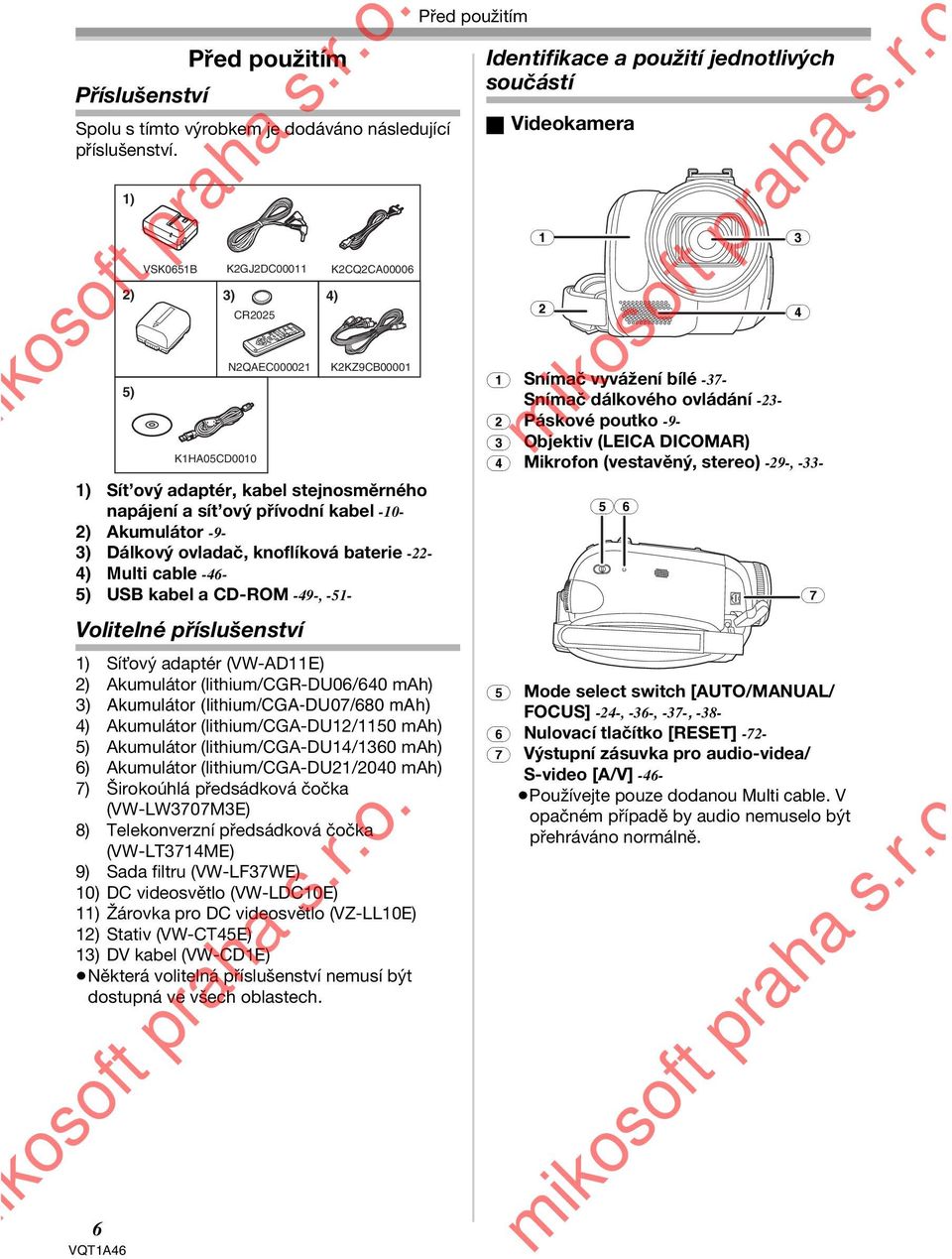 Multi cable -46-5) USB kabel a CD-ROM -49-, -51- Volitelné příslušenství K2CQ2CA00006 N2QAEC000021 K2KZ9CB00001 1) Sít ový adaptér (VW-AD11E) 2) Akumulátor (lithium/cgr-du06/640 mah) 3) Akumulátor