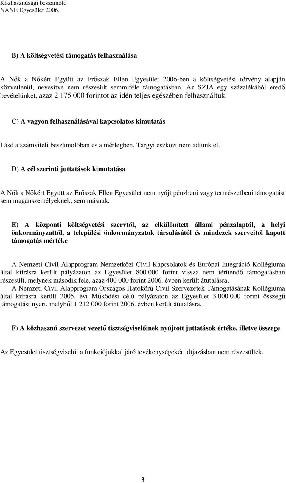 C) A vagyon felhasználásával kapcsolatos kimutatás Lásd a számviteli beszámolóban és a mérlegben. Tárgyi eszközt nem adtunk el.