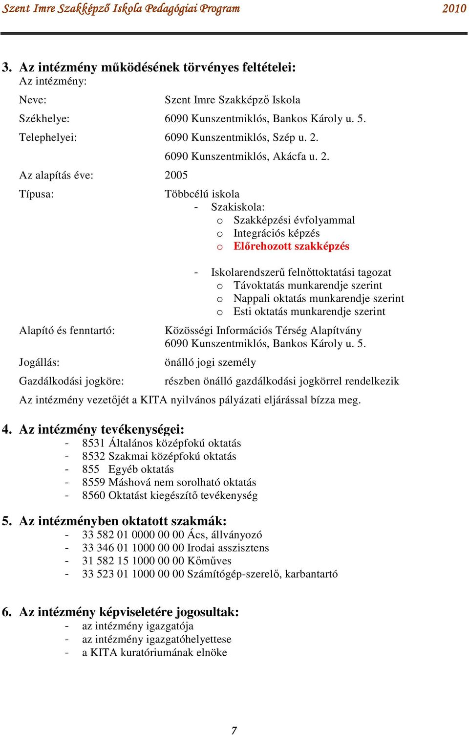 05 Típusa: Alapító és fenntartó: Jogállás: Gazdálkodási jogköre: 6090 Kunszentmiklós, Akácfa u. 2.